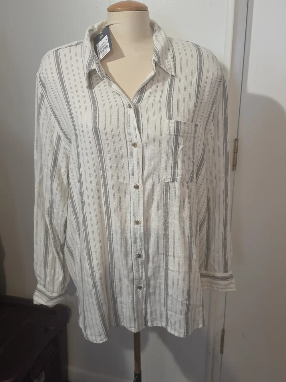 Women's Cream and Gray Stripe Button-Up Shirt